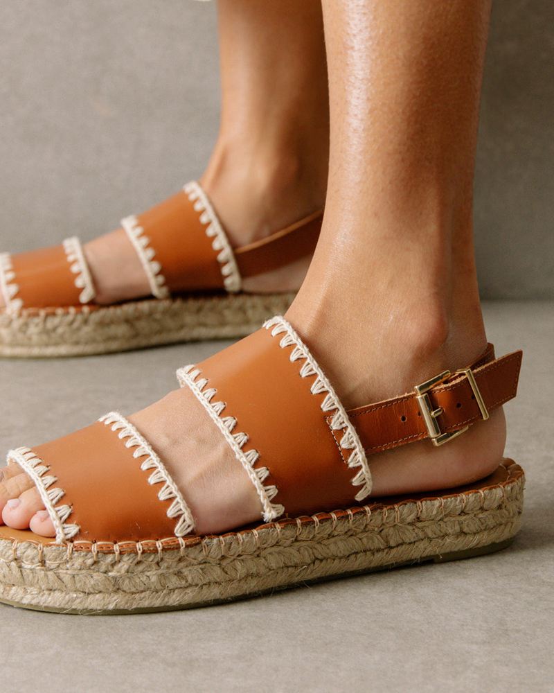 Brown/White Alohas Double Strap Leather Women's Espadrilles | GWXRV7259