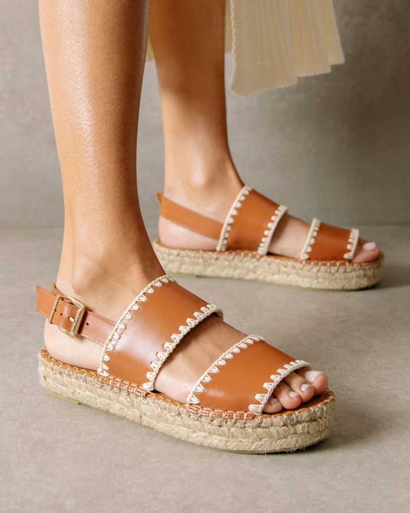 Brown/White Alohas Double Strap Leather Women's Espadrilles | GWXRV7259