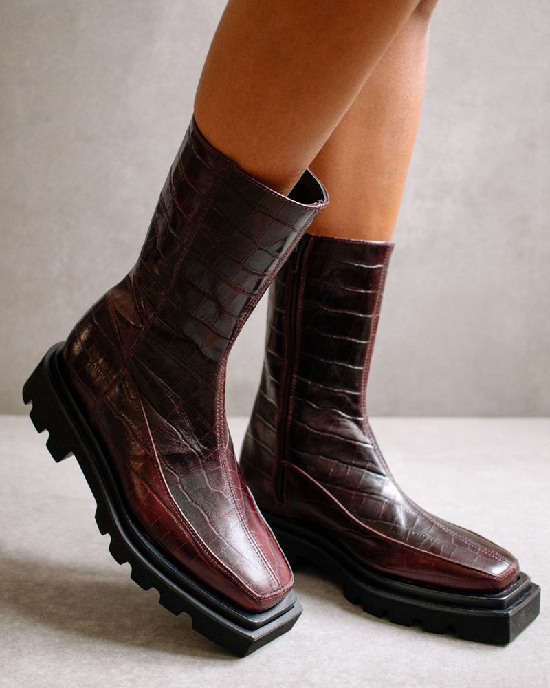 Burgundy Alohas Block Croco Leather Women's Ankle Boots | ZXVHF1478