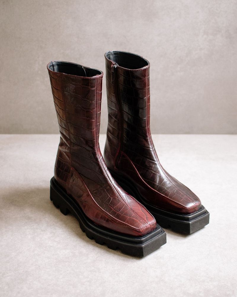 Burgundy Alohas Block Croco Leather Women's Ankle Boots | ZXVHF1478