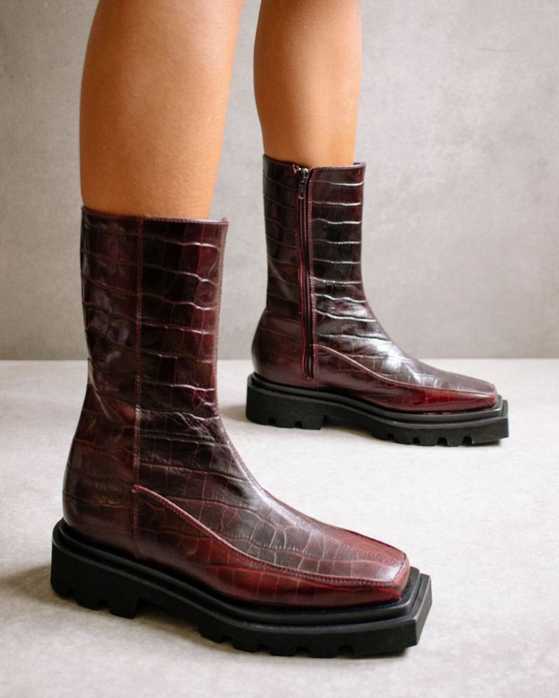 Burgundy Alohas Block Croco Leather Women's Ankle Boots | ZXVHF1478