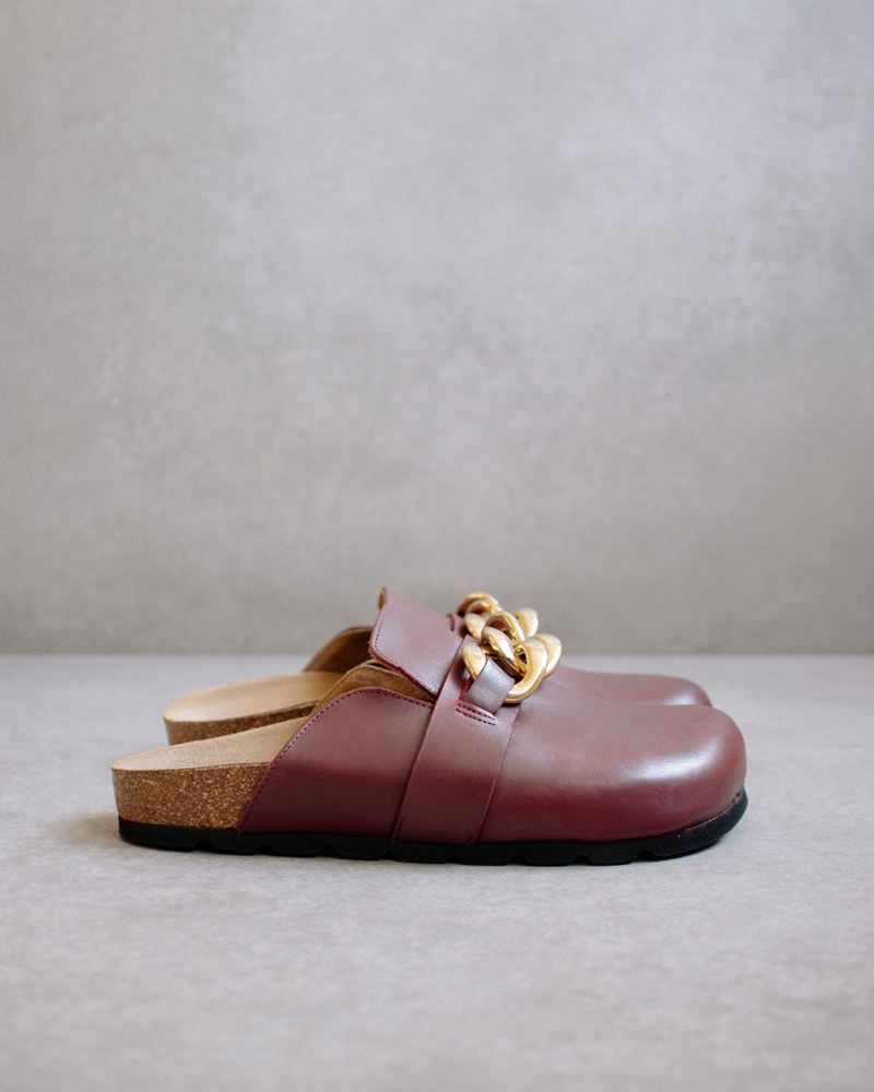 Burgundy Alohas Fireside Chain Leather Women's Mules | MOVFP7685