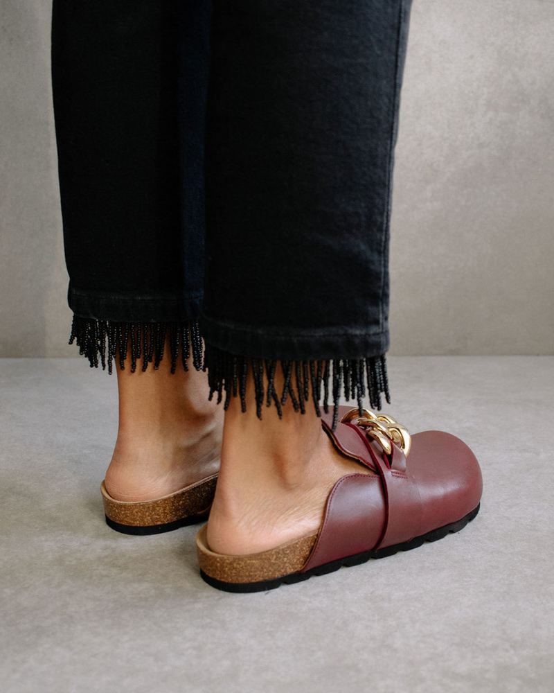 Burgundy Alohas Fireside Chain Leather Women's Mules | MOVFP7685