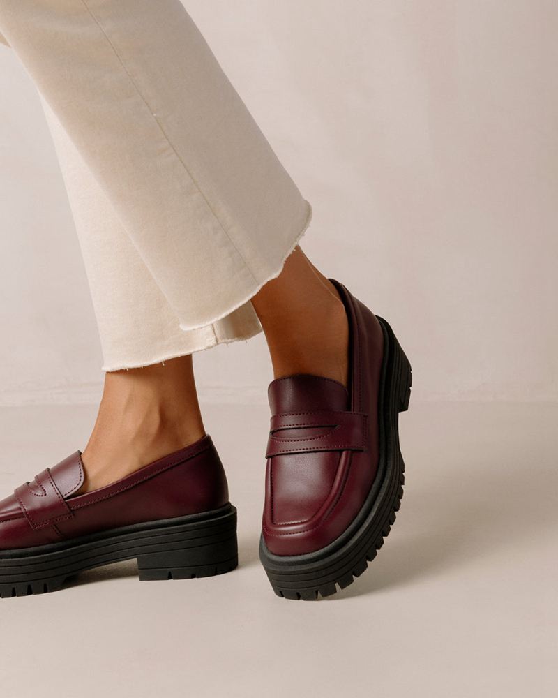 Burgundy Alohas Mask Vegan Leather Women's Loafers | XQWEC4358