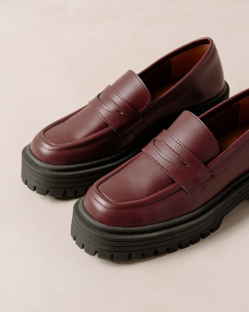 Burgundy Alohas Mask Vegan Leather Women's Loafers | XQWEC4358