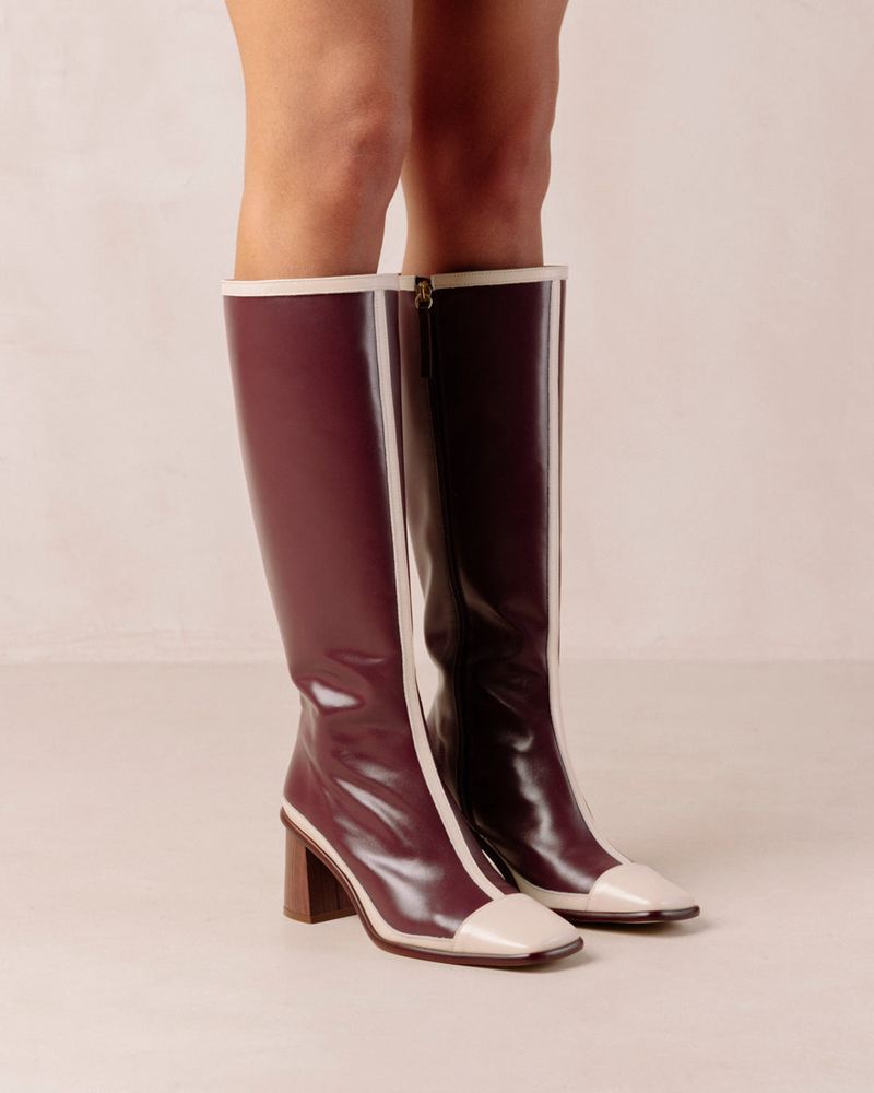 Burgundy/Cream Alohas East Retro Leather Women's Knee-High Boots | WONUF2089