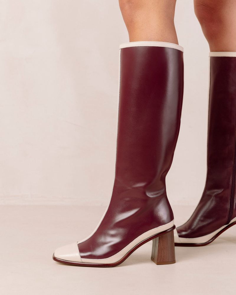 Burgundy/Cream Alohas East Retro Leather Women's Knee-High Boots | WONUF2089