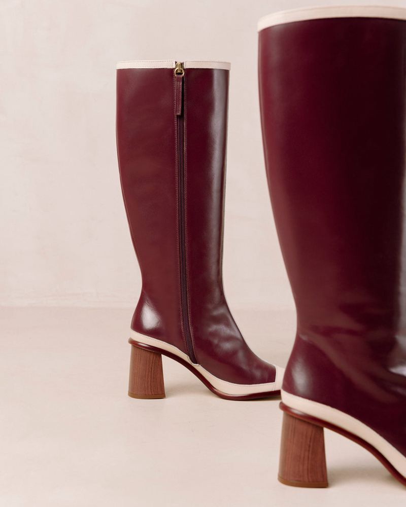 Burgundy/Cream Alohas East Retro Leather Women's Knee-High Boots | WONUF2089