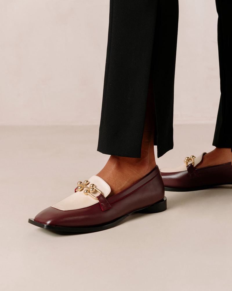 Burgundy/Cream Alohas Spotlight Leather Women's Mules | AVJTF2783