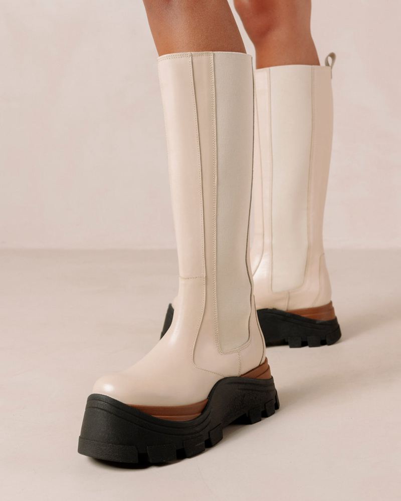 Cream Alohas Roxie Nutty Leather Women's Knee-High Boots | JABDH6523