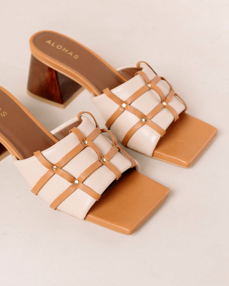 Cream/Brown Alohas Diorite Leather Women's Sandals | DWJKC1635