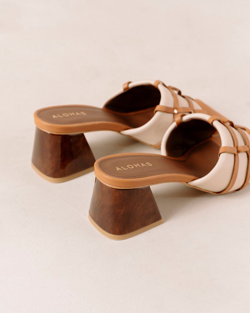 Cream/Brown Alohas Diorite Leather Women's Sandals | DWJKC1635