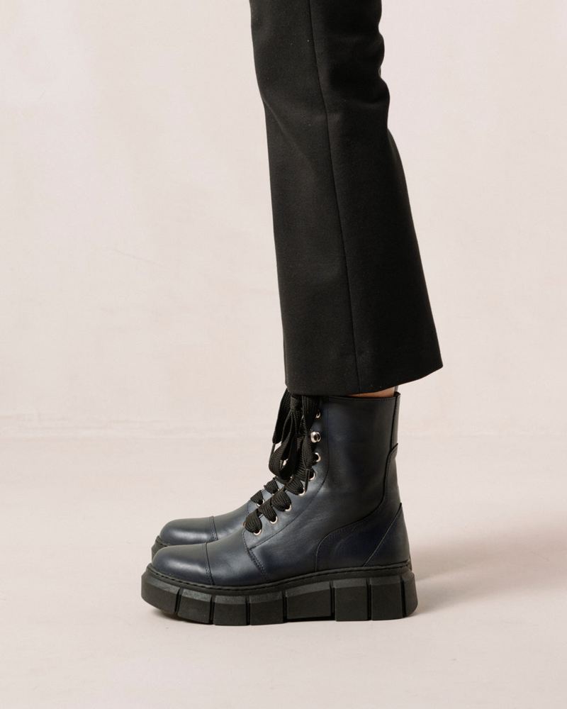 Dark Blue Alohas Can Can Leather Women's Combat Boots | KTWFP7540