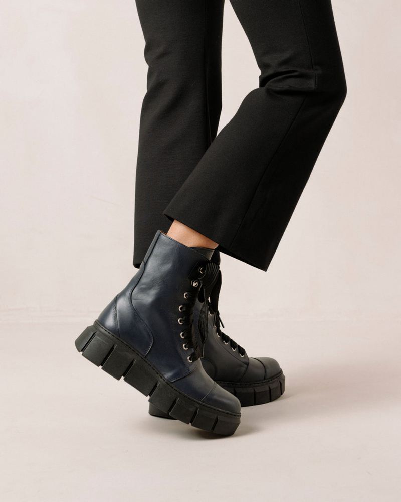 Dark Blue Alohas Can Can Leather Women's Combat Boots | KTWFP7540