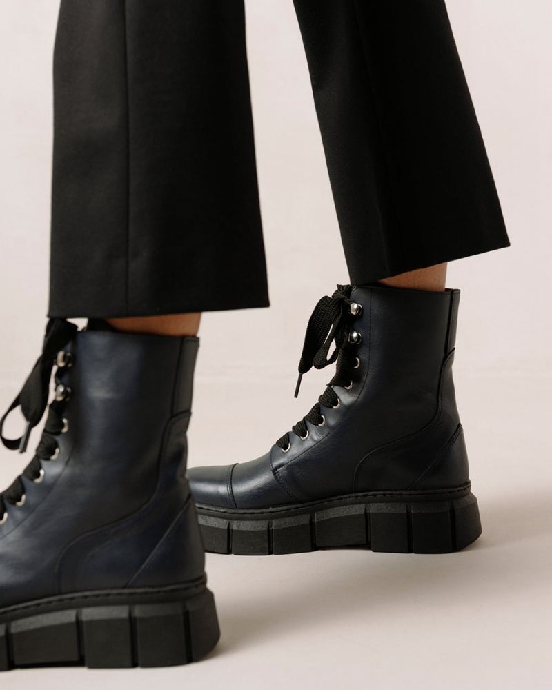 Dark Blue Alohas Can Can Leather Women's Combat Boots | KTWFP7540