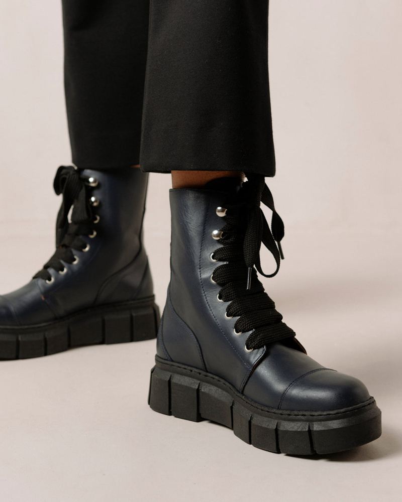 Dark Blue Alohas Can Can Leather Women's Combat Boots | KTWFP7540