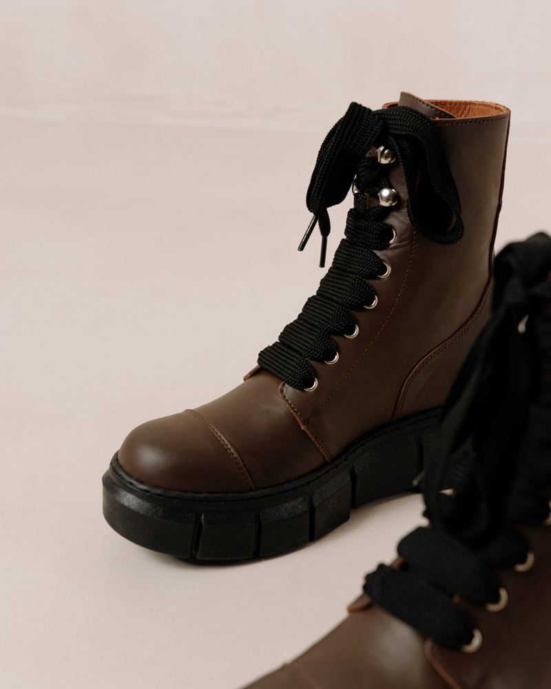 Dark Brown Alohas Can Can Leather Women's Combat Boots | OTXHK7906