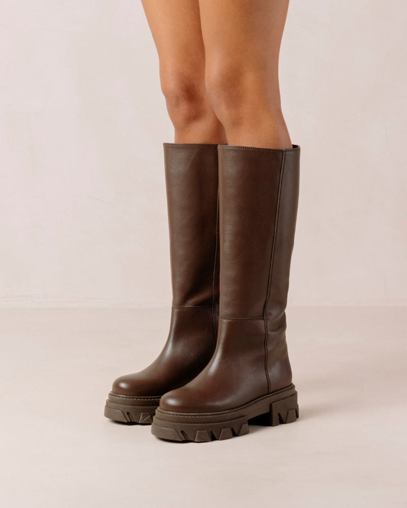 Dark Brown Alohas Katiuska Leather Women's Knee-High Boots | FCRYS4795