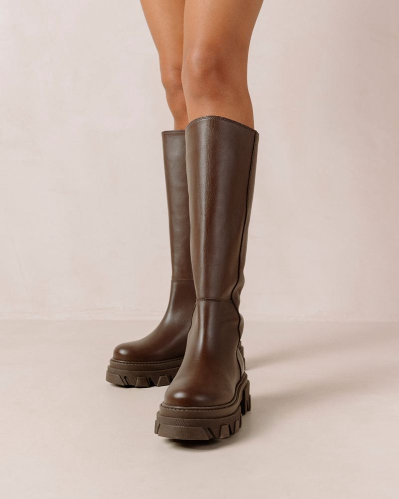 Dark Brown Alohas Katiuska Leather Women's Knee-High Boots | FCRYS4795