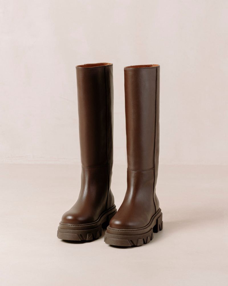 Dark Brown Alohas Katiuska Leather Women's Knee-High Boots | FCRYS4795