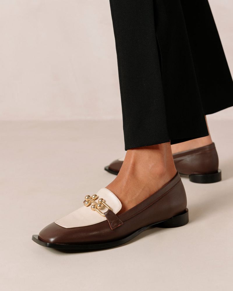 Dark Brown/Cream Alohas Spotlight Leather Women's Mules | URVJA8624