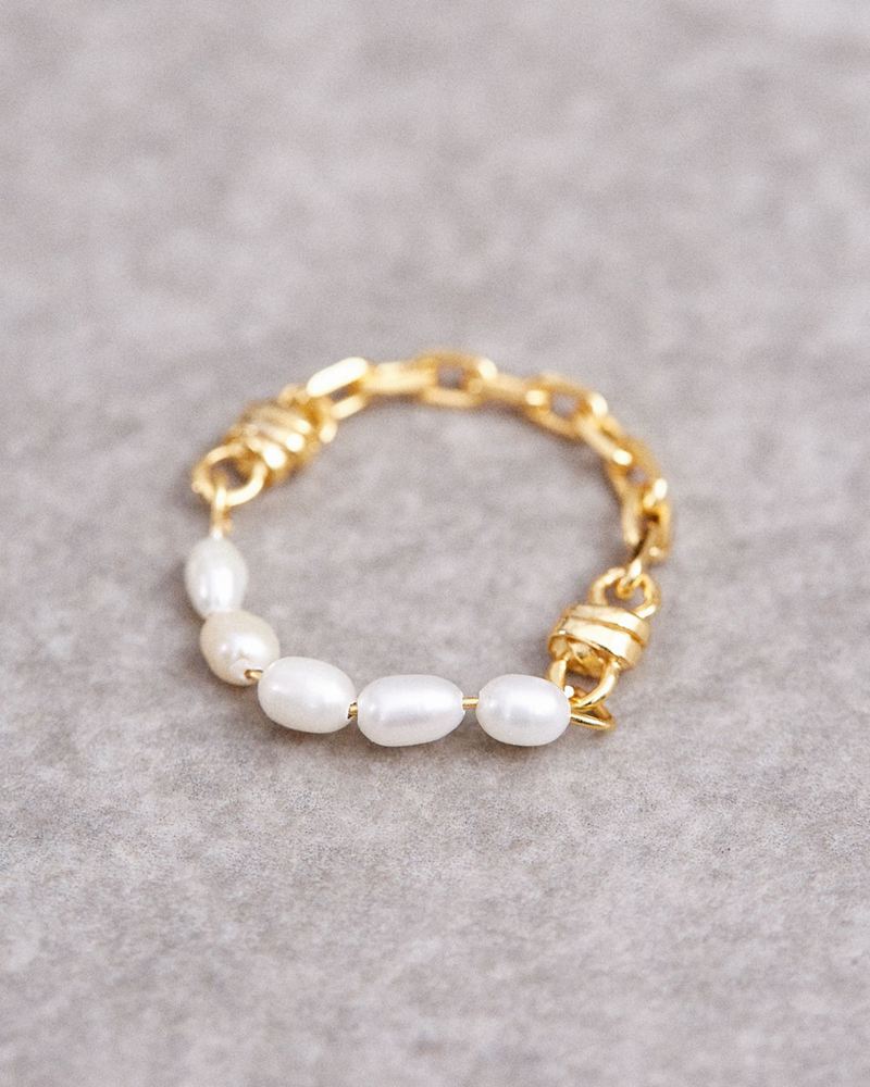 Gold Alohas Pearl Chain Women's Ring | JDKAO0837