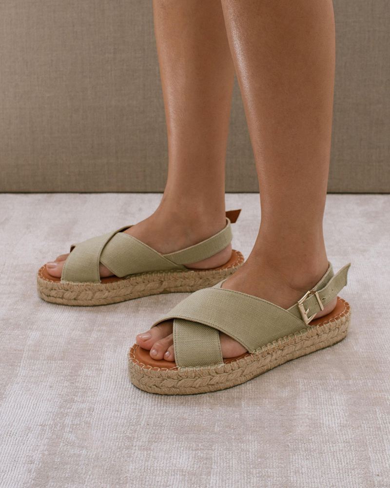 Green Alohas Crossed Linen Women's Espadrilles | TPAUZ9501