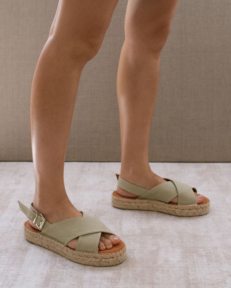 Green Alohas Crossed Linen Women's Espadrilles | TPAUZ9501