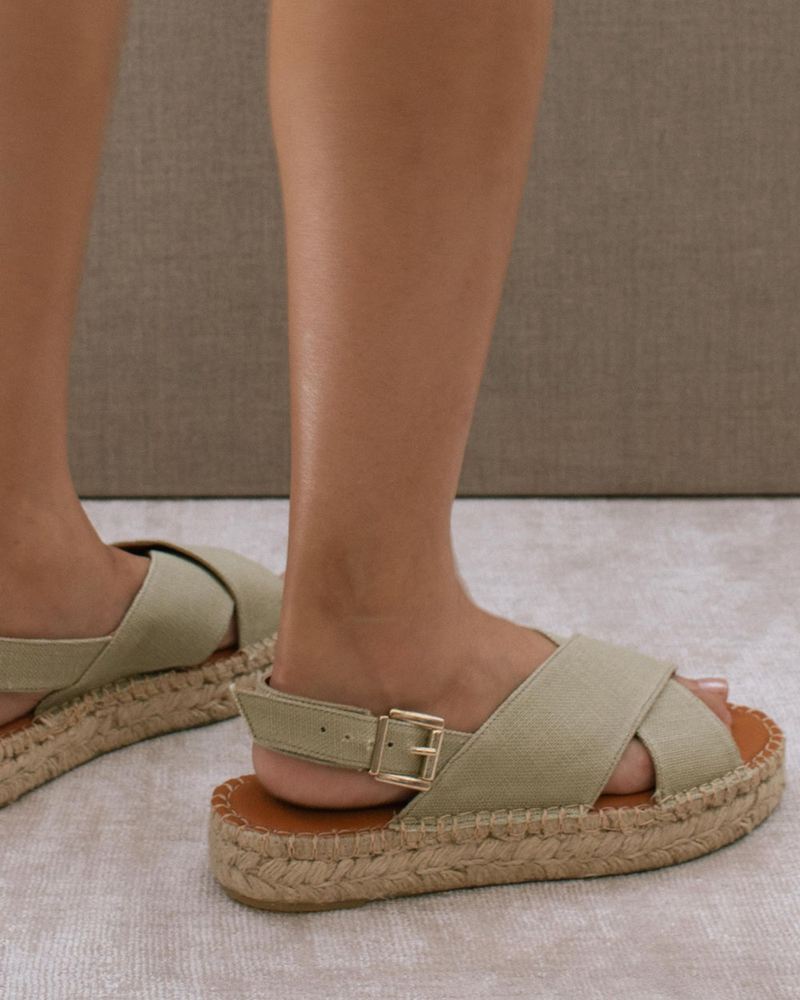 Green Alohas Crossed Linen Women's Espadrilles | TPAUZ9501