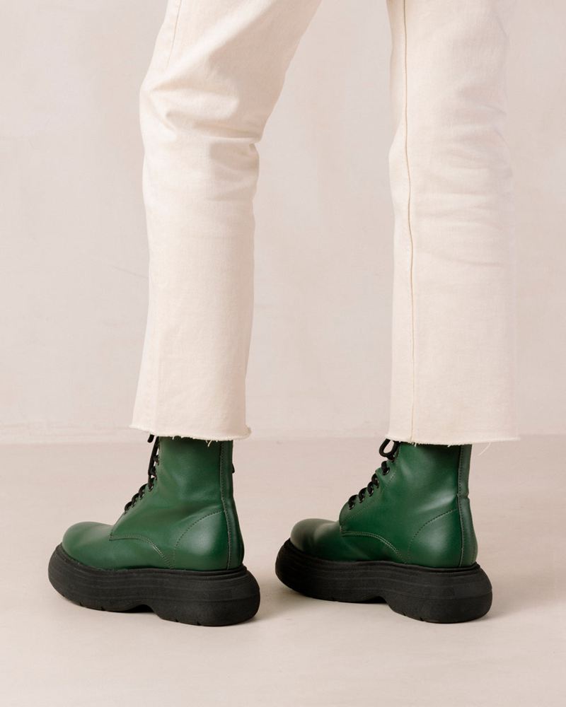 Green Alohas Gouache Vegan Leather Women's Combat Boots | XZOPD3602