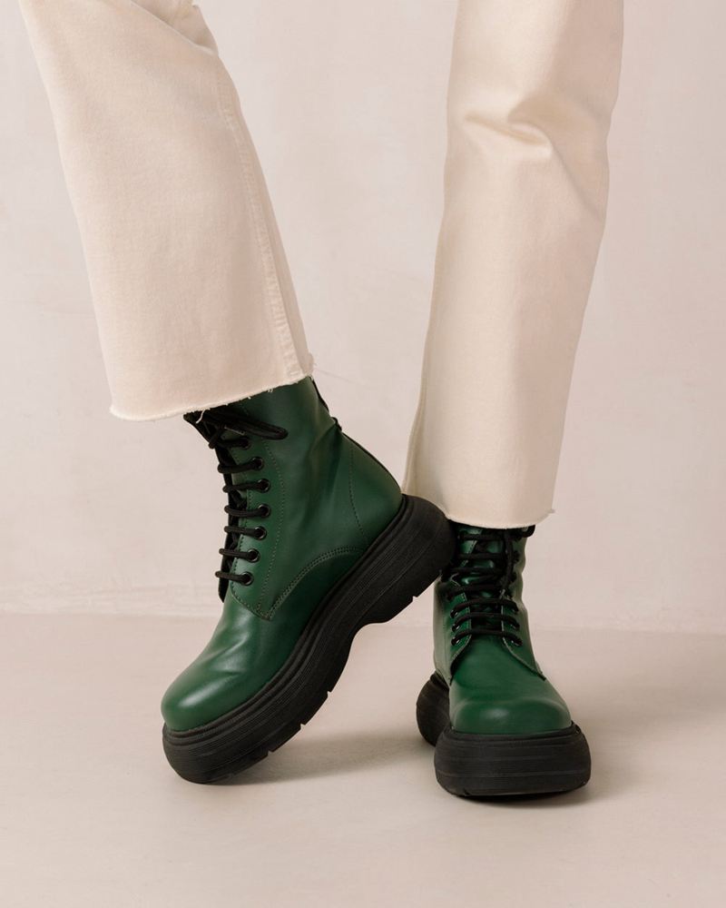 Green Alohas Gouache Vegan Leather Women's Combat Boots | XZOPD3602