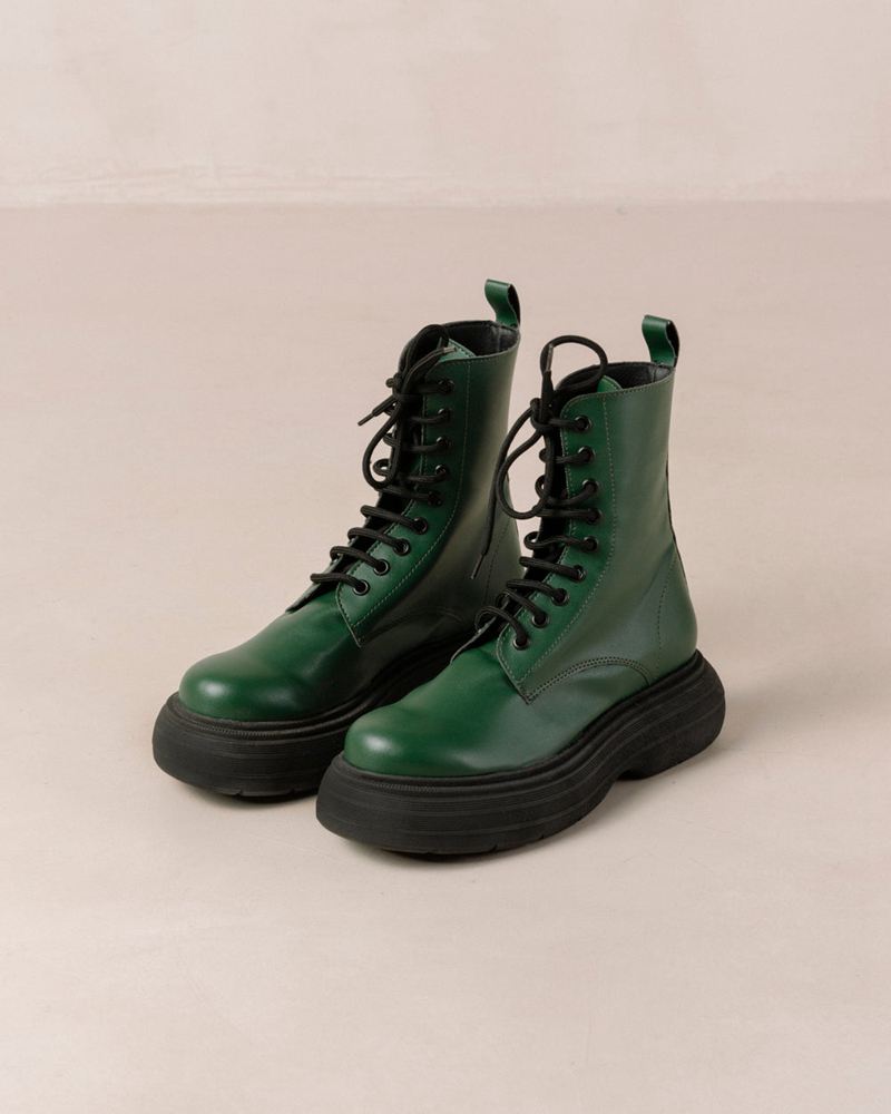 Green Alohas Gouache Vegan Leather Women's Combat Boots | XZOPD3602