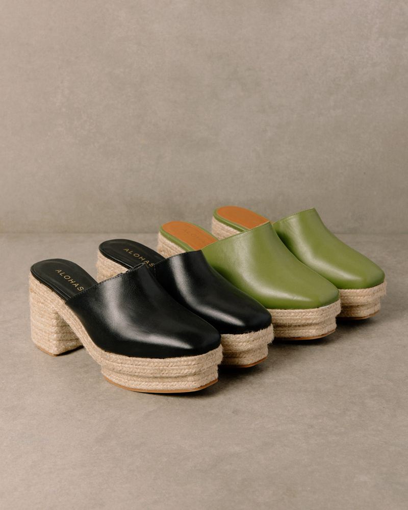 Green Alohas Pico Leather Women's Mules | KVXHZ2975