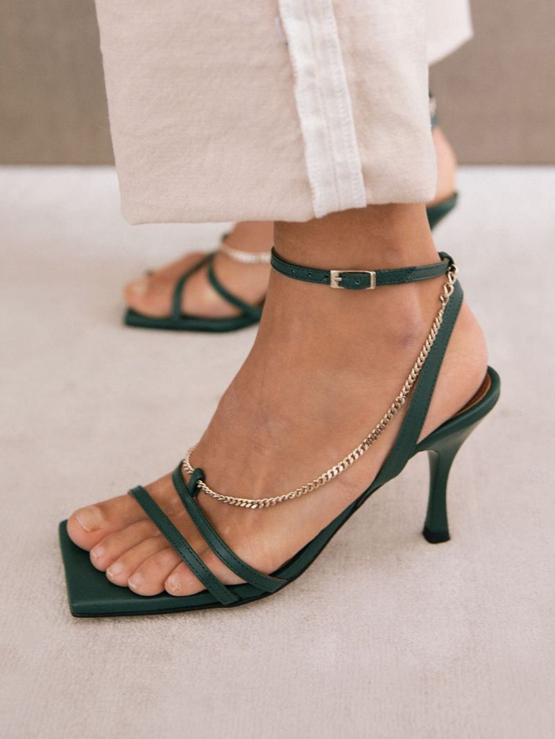 Green Alohas Straps Chain Leather Women's Sandals | FCORV5820