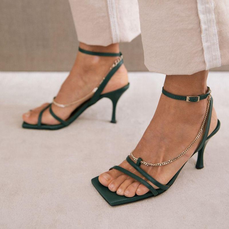 Green Alohas Straps Chain Leather Women's Sandals | FCORV5820