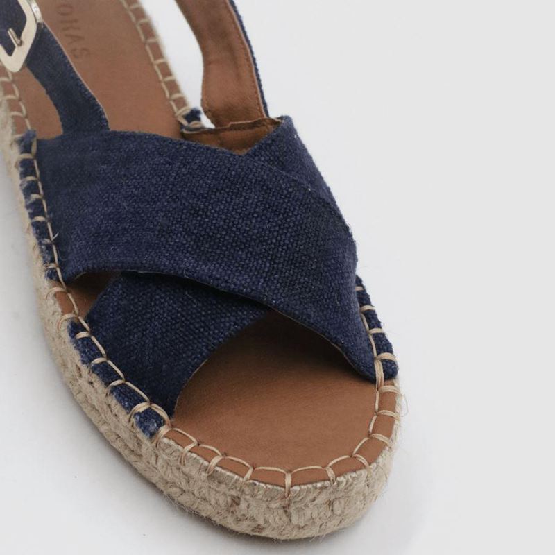 Navy Alohas Crossed Linen Women's Espadrilles | VNTJH6217