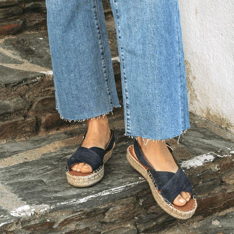 Navy Alohas Crossed Linen Women's Espadrilles | VNTJH6217