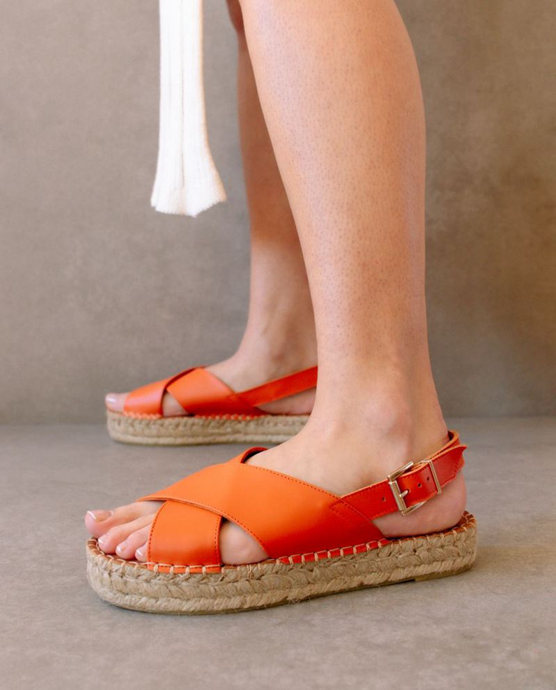 Orange Alohas Crossed Leather Women's Espadrilles | GUFCV2065