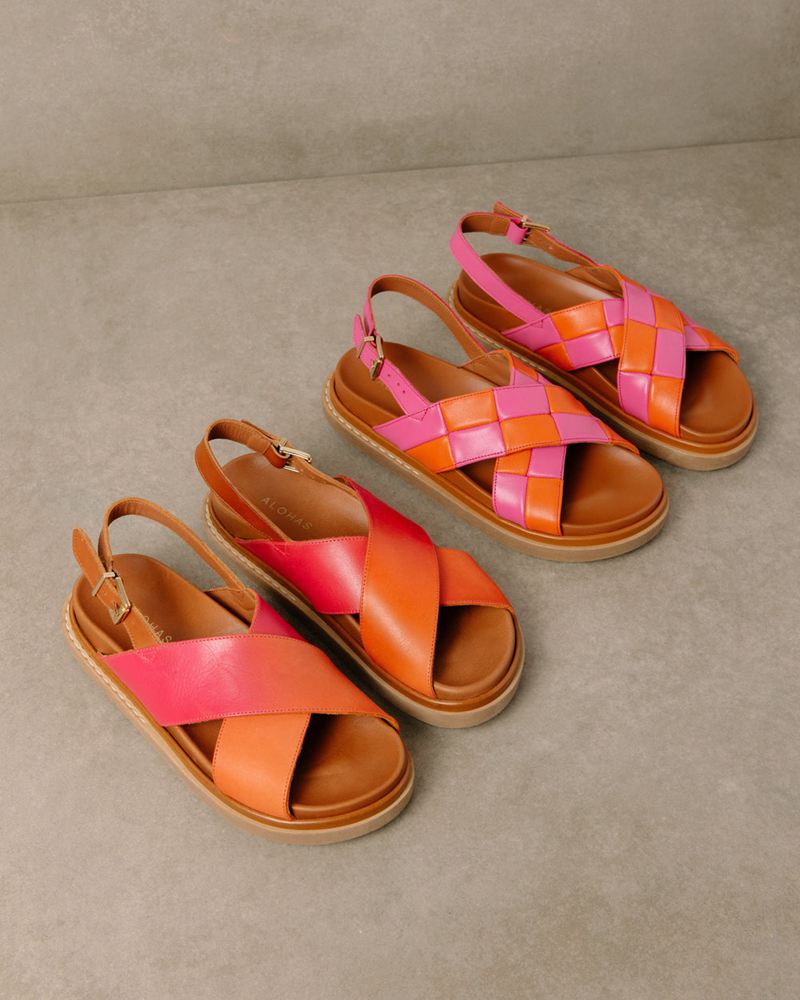 Orange/Pink Alohas Marshmallow Scacchi Leather Women's Sandals | DVKSX6973