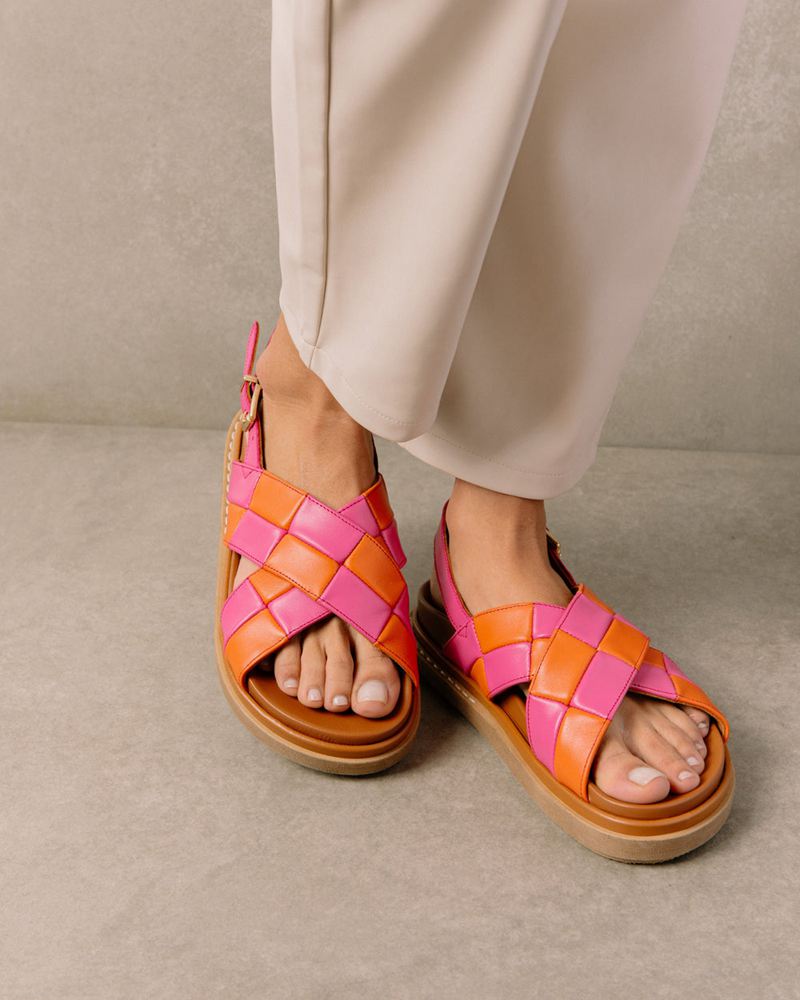 Orange/Pink Alohas Marshmallow Scacchi Leather Women's Sandals | DVKSX6973