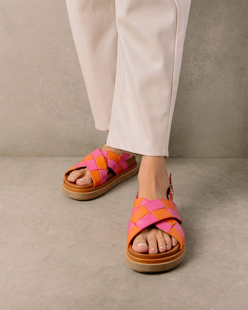 Orange/Pink Alohas Marshmallow Scacchi Leather Women's Sandals | DVKSX6973