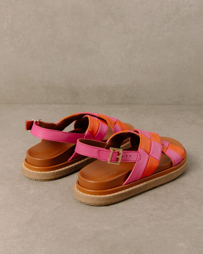 Orange/Pink Alohas Marshmallow Scacchi Leather Women's Sandals | DVKSX6973