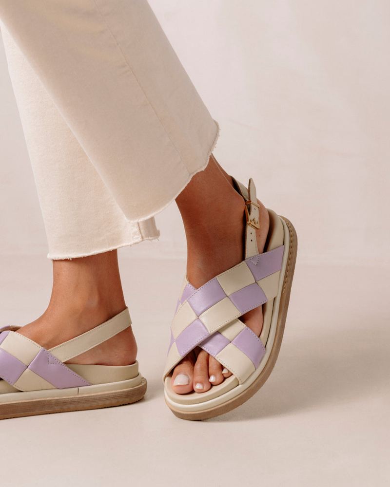 Purple/White Alohas Marshmallow Scacchi Leather Women's Sandals | XRJEM9056