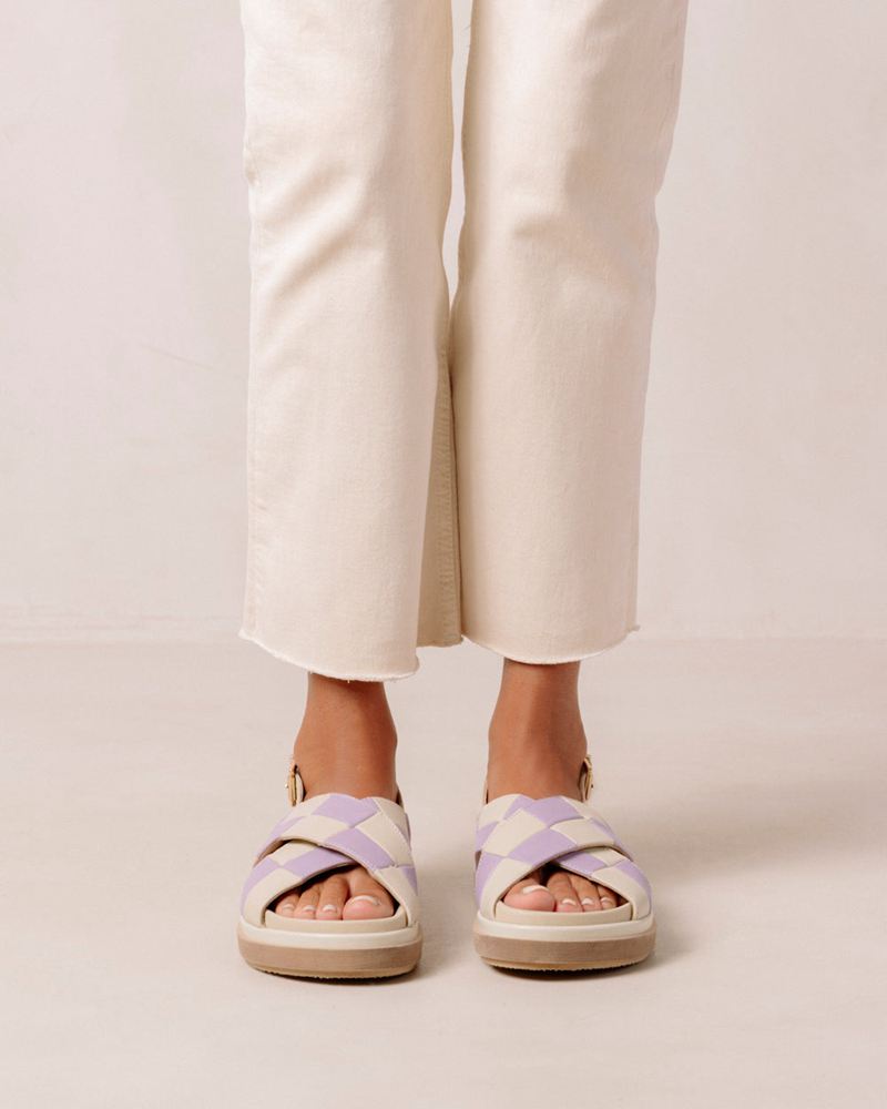 Purple/White Alohas Marshmallow Scacchi Leather Women's Sandals | XRJEM9056