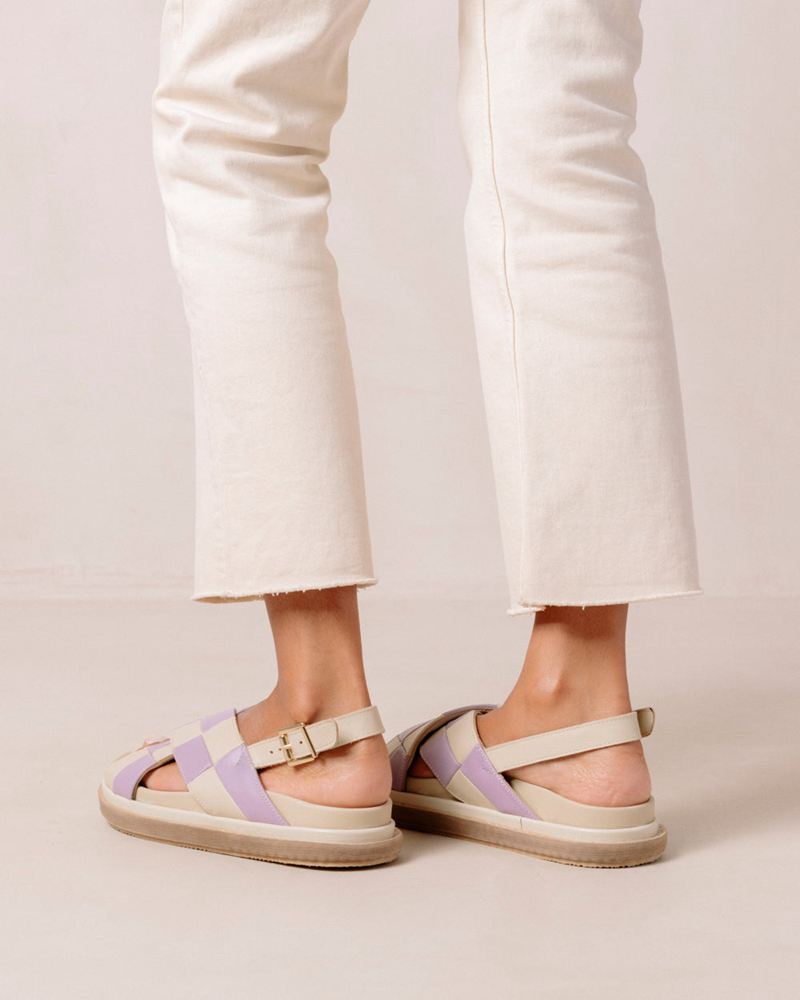 Purple/White Alohas Marshmallow Scacchi Leather Women's Sandals | XRJEM9056