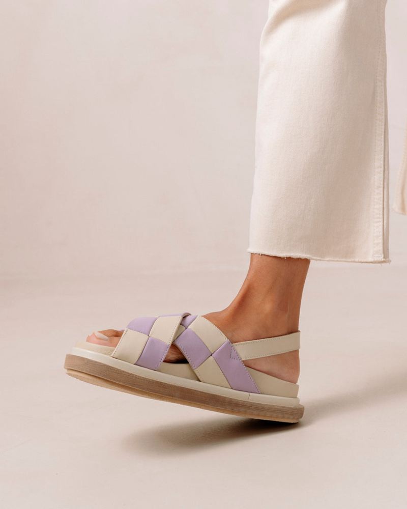 Purple/White Alohas Marshmallow Scacchi Leather Women's Sandals | XRJEM9056