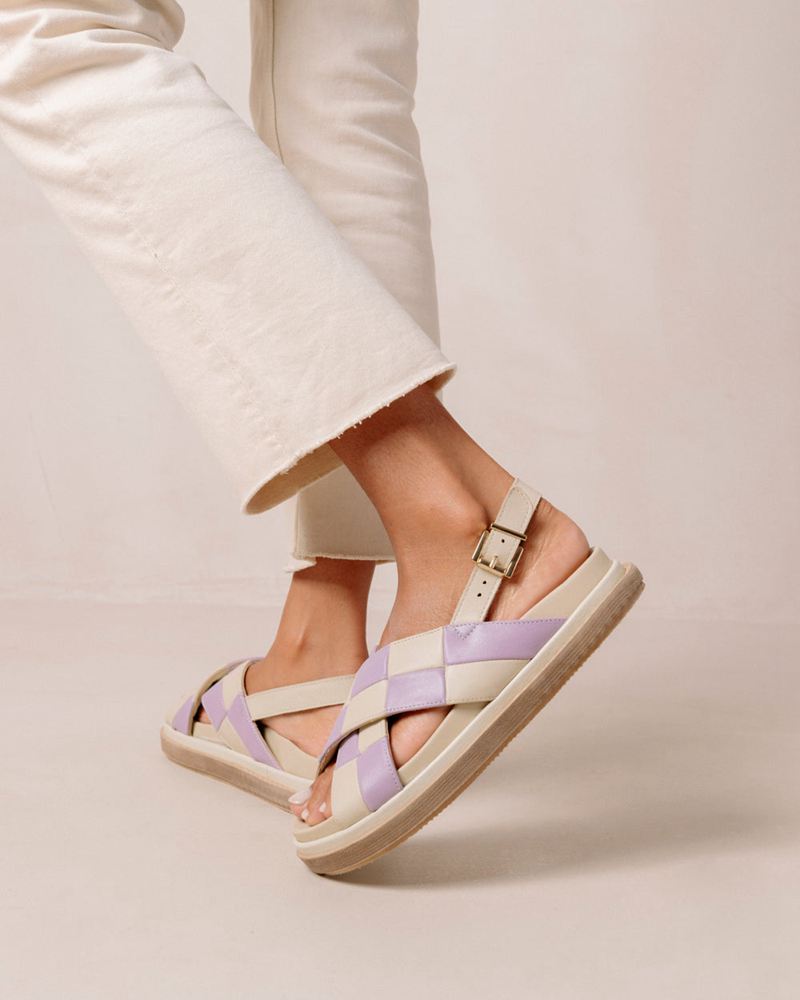 Purple/White Alohas Marshmallow Scacchi Leather Women's Sandals | XRJEM9056