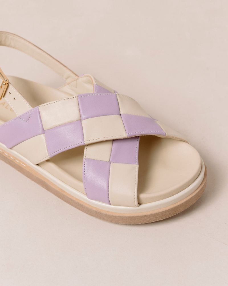 Purple/White Alohas Marshmallow Scacchi Leather Women's Sandals | XRJEM9056