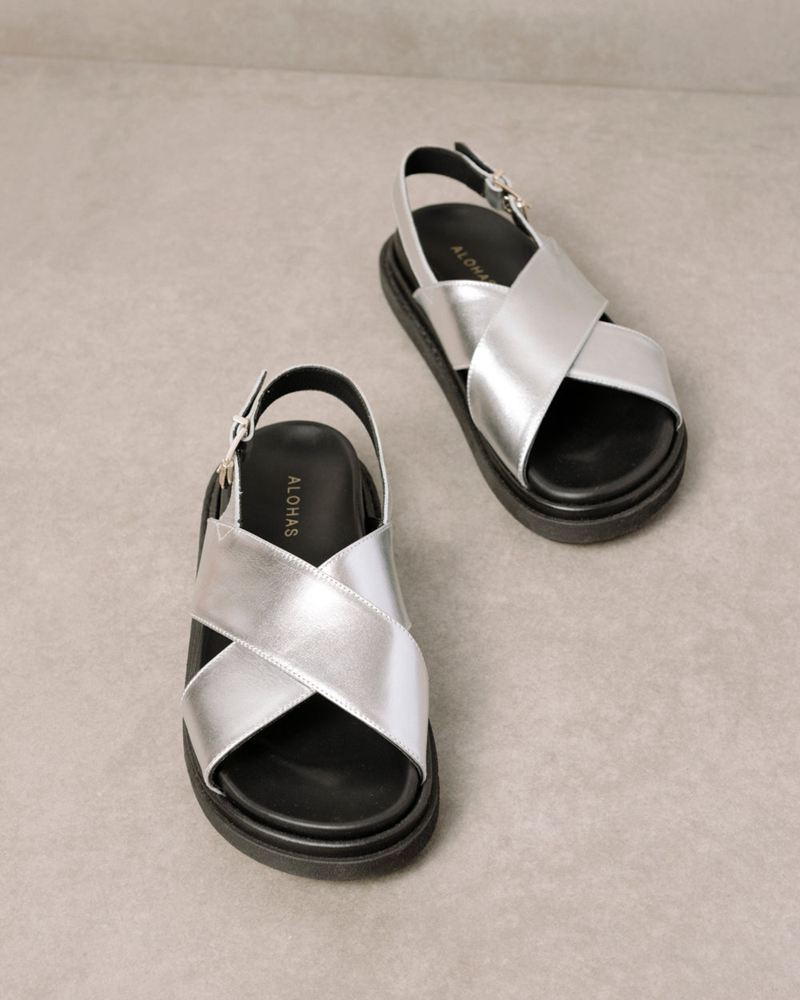 Silver Alohas Marshmallow Leather Women's Sandals | DNSFC1738