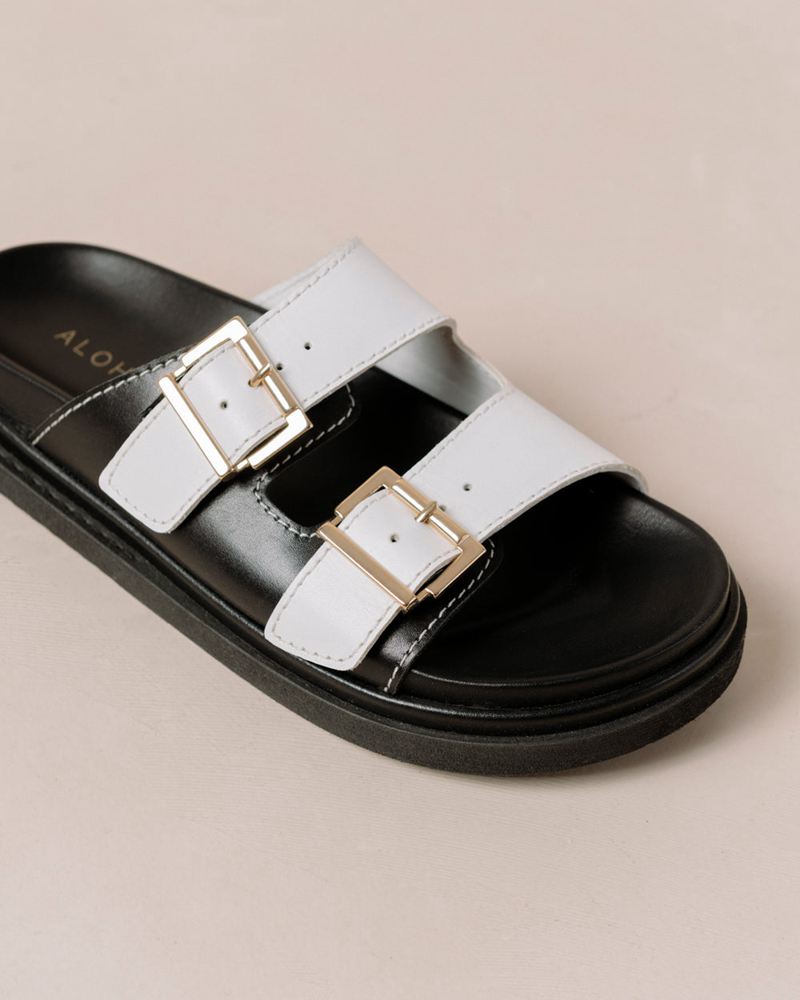 White Alohas Buckle Strap Leather Women's Sandals | RLQGJ8539